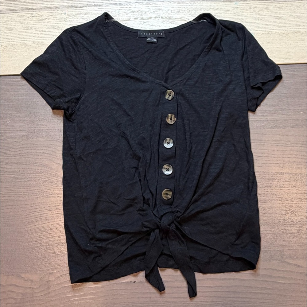 Sanctuary Women Top XXS Black Short‎ Sleeve Stretch Knit Tie Hem breathable